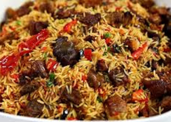 Jollof Rice, Plantain with Beef or Fish