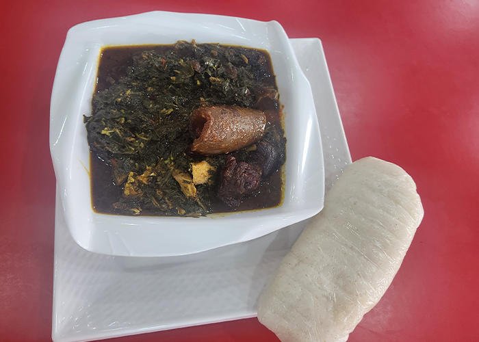 Afang Soup with Fufu and Goatmeat